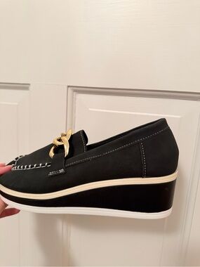 Black Platform Loafer with Gold Chain Accent - Women's Shoe